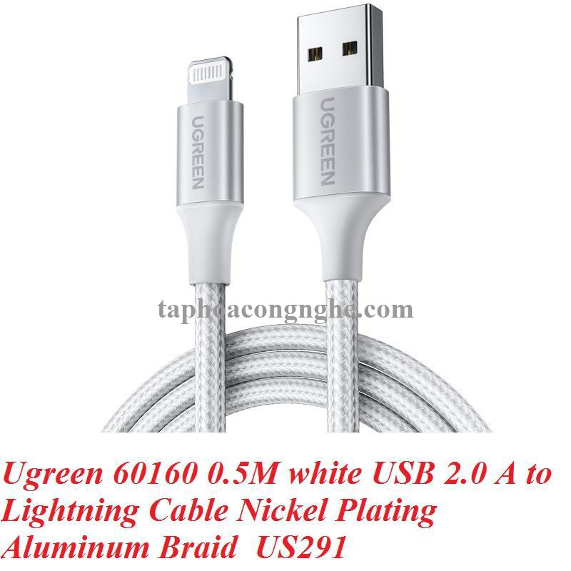 Ugreen 60160 0.5M màu trắng cáp USB 2.0 A ra Lightning MFI đầu bọc nhôm mà nickel chống nhiễu 50cm US291 30060160